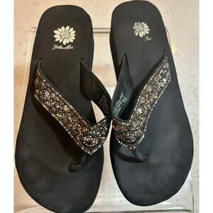 Yellow Box Beaded Leather Flip Flops - Black Sparkle - 9.5